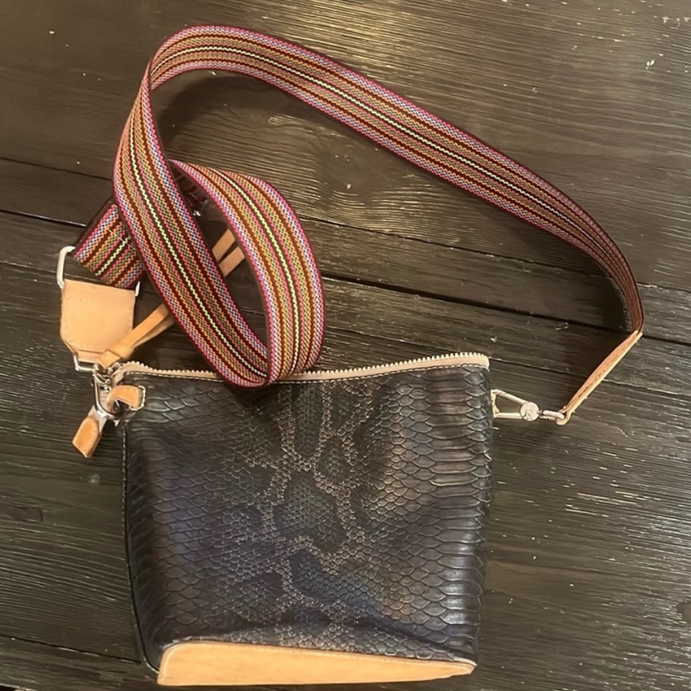 Consuela Rattler Black Textured Crossbody with Colorful Strap